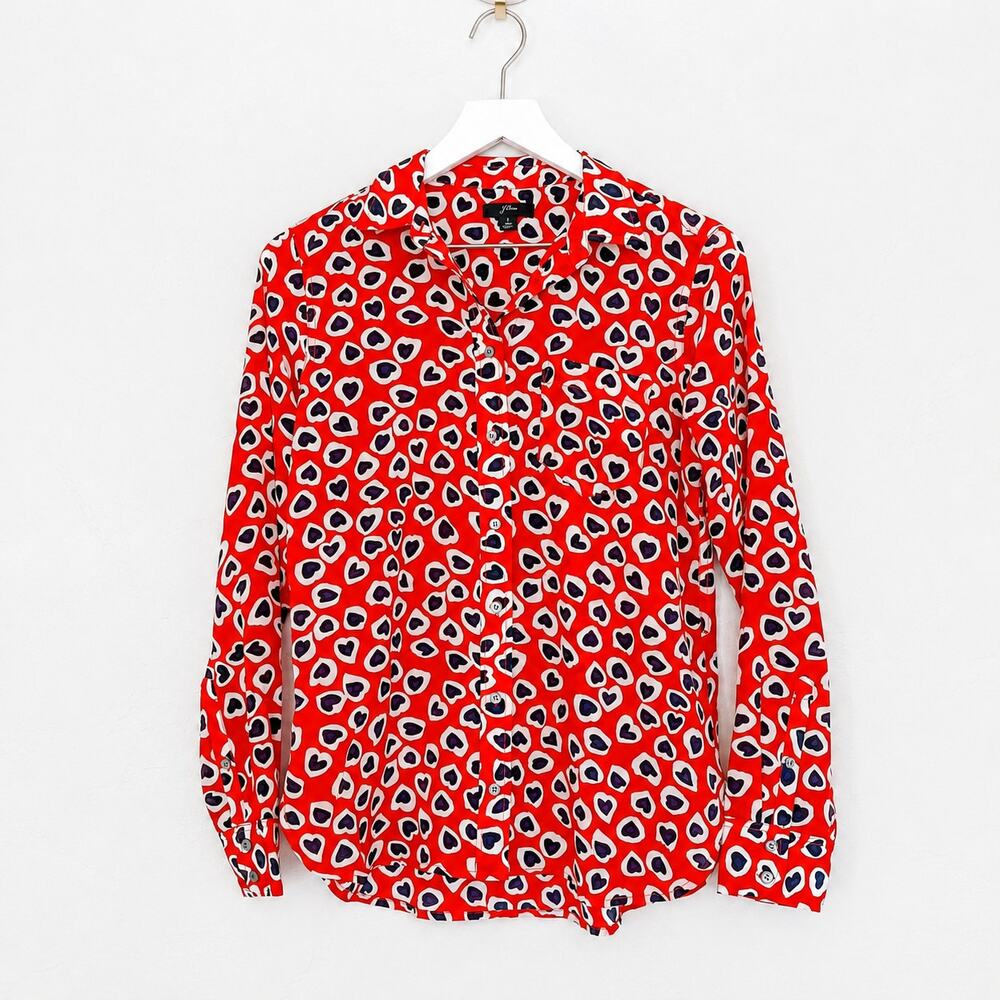 J.Crew Valentine Heart Print Silk Boy Shirt Red Coquette Button Down 2